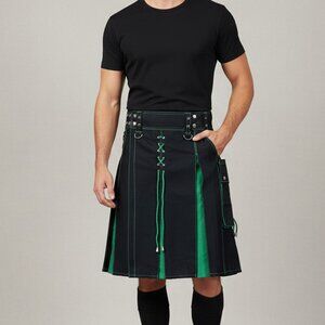 Utility Black Hybrid Kilt  Green Pleats and Lacing Highlander Kilt NEW